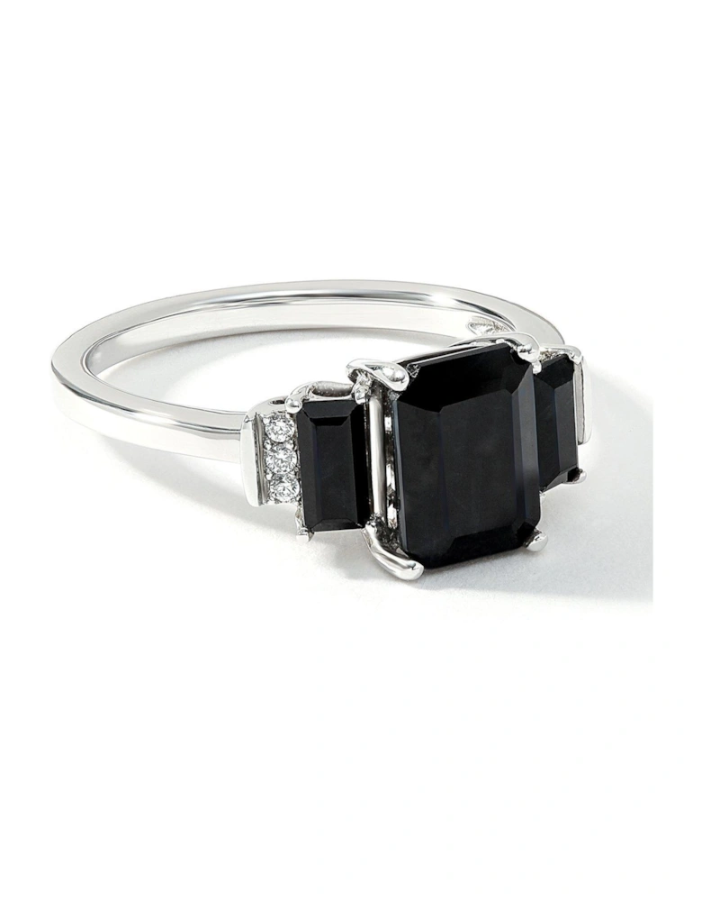 9ct White Gold Octagon Black Sapphire and Natural Diamond Trilogy Ring