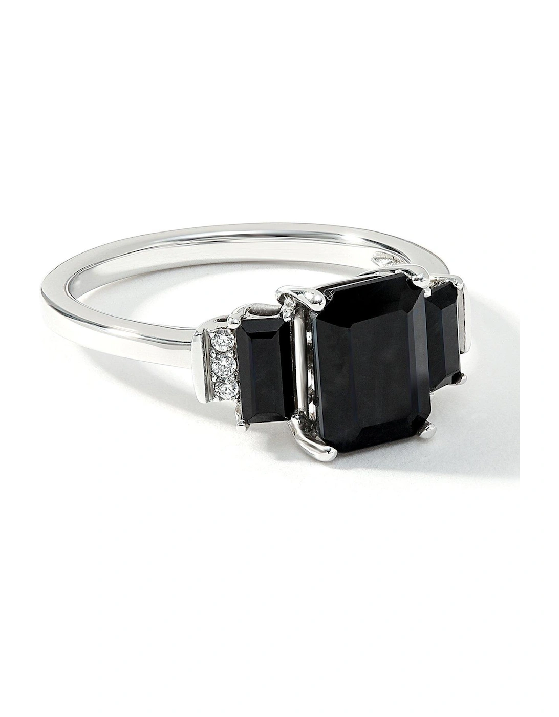 9ct White Gold Octagon Black Sapphire and Natural Diamond Trilogy Ring, 2 of 1