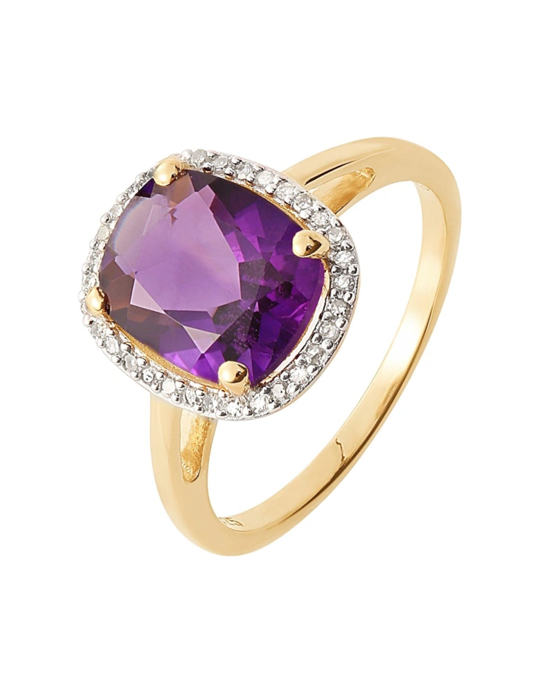 Gold Plated Sterling Silver 9x7 Cushion Cut Amethyst and Natural Diamond Ring