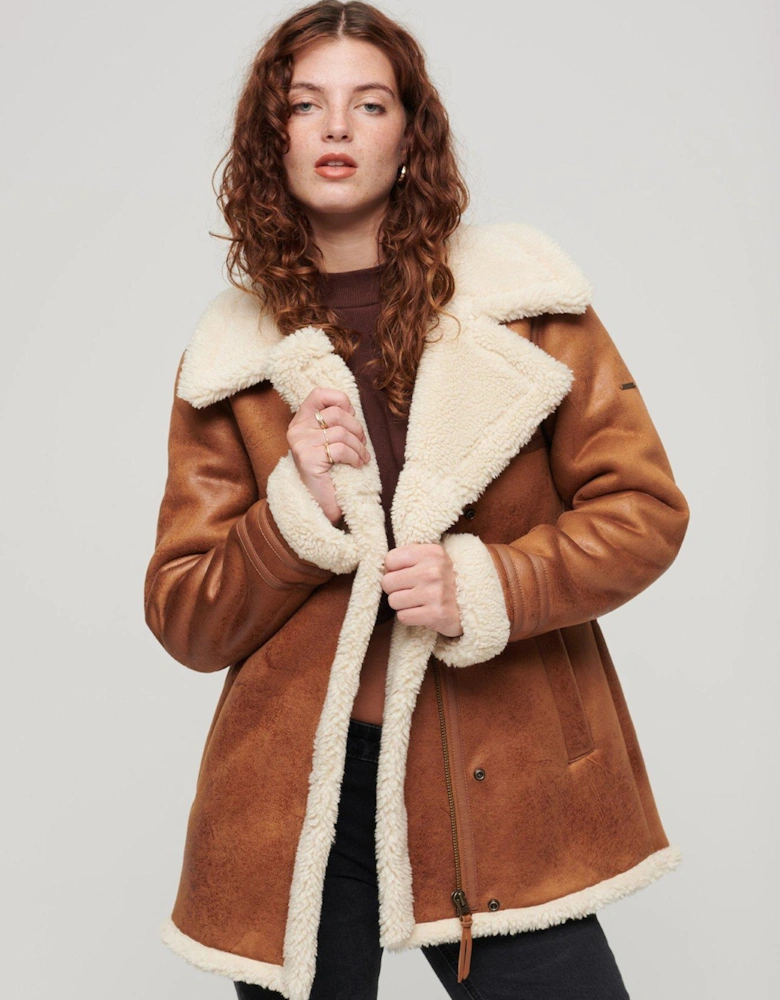 Faux Shearling Mid Jacket - Brown