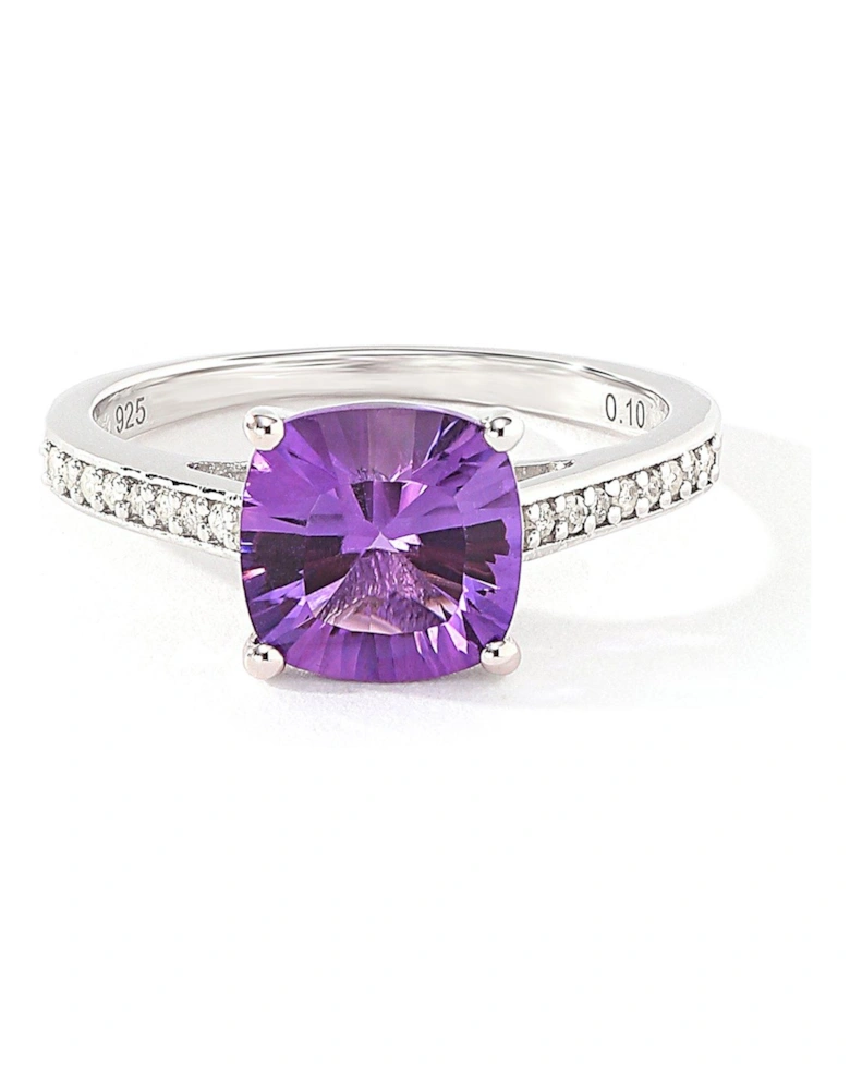 Sterling Silver 8mm Cushion Cut Amethyst and 0.10ct Natural Diamond Ring