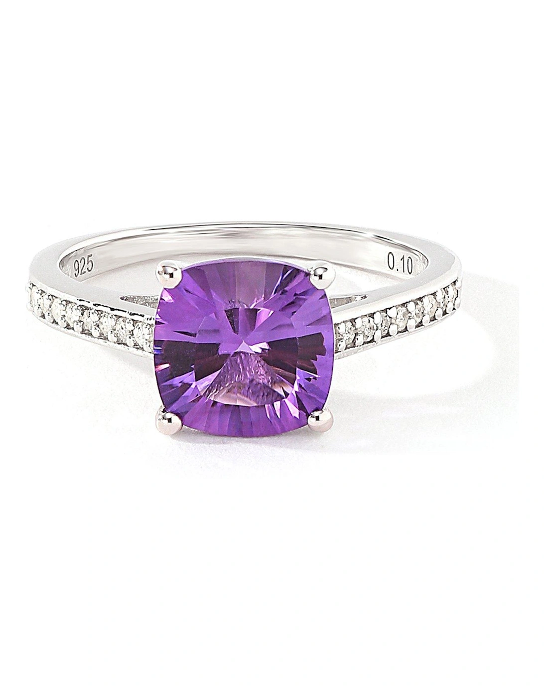 Sterling Silver 8mm Cushion Cut Amethyst and 0.10ct Natural Diamond Ring, 2 of 1