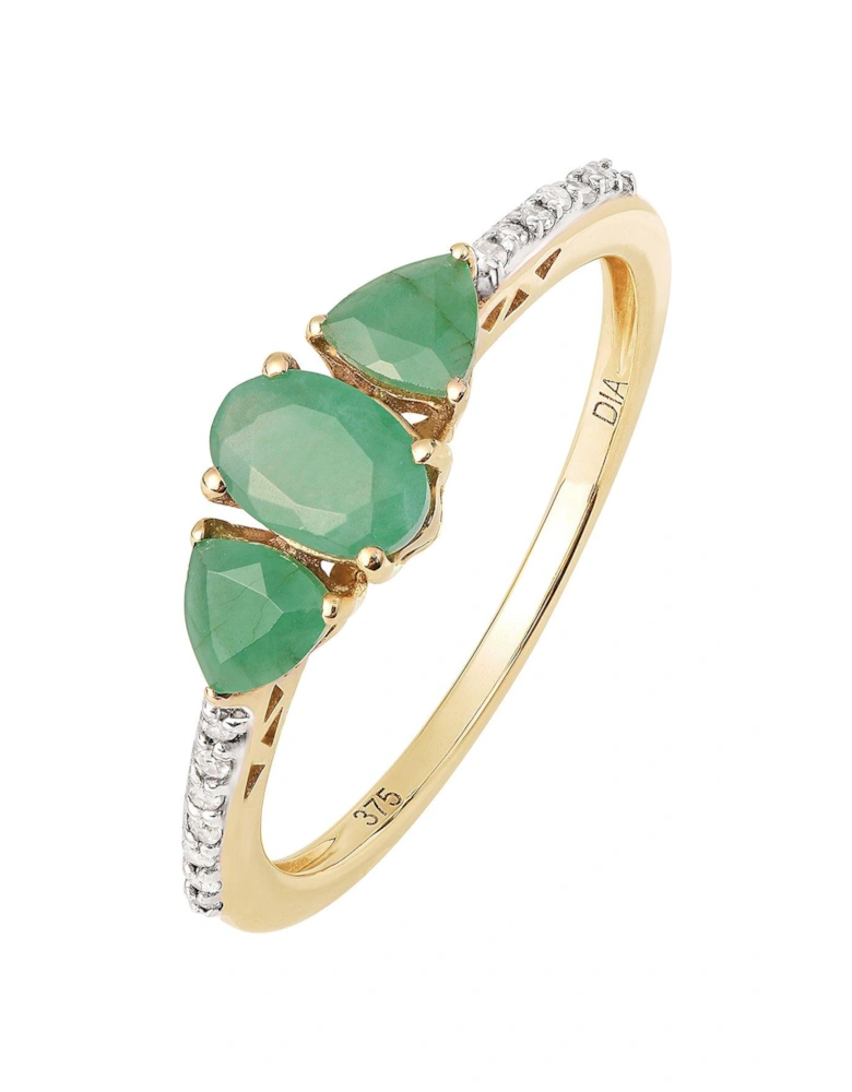 9ct Yellow Gold Natural Emerald and Diamond Trilogy Ring