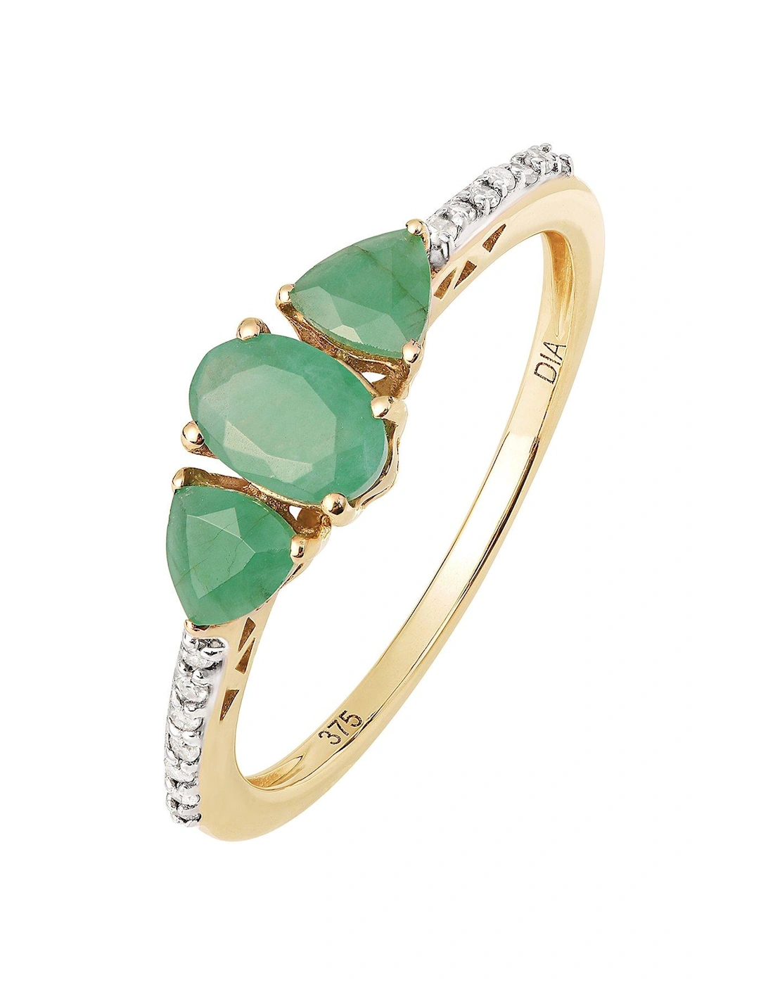 9ct Yellow Gold Natural Emerald and Diamond Trilogy Ring, 2 of 1