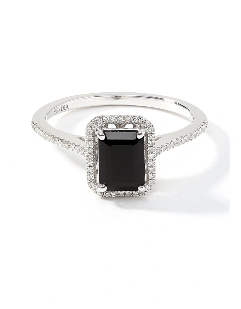 9ct White Gold 7x5 Octagon Natural Black Sapphire and 0.12ct Natural Diamond Halo Ring