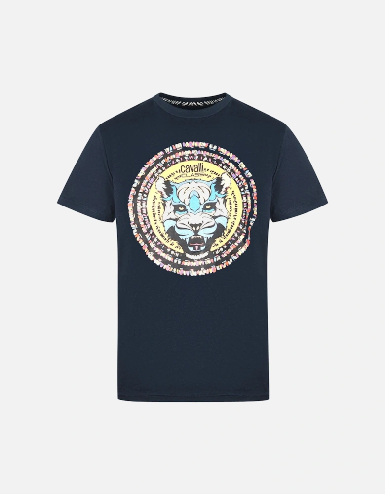 Cavalli Class Circular Wild Cat Logo Navy T-Shirt