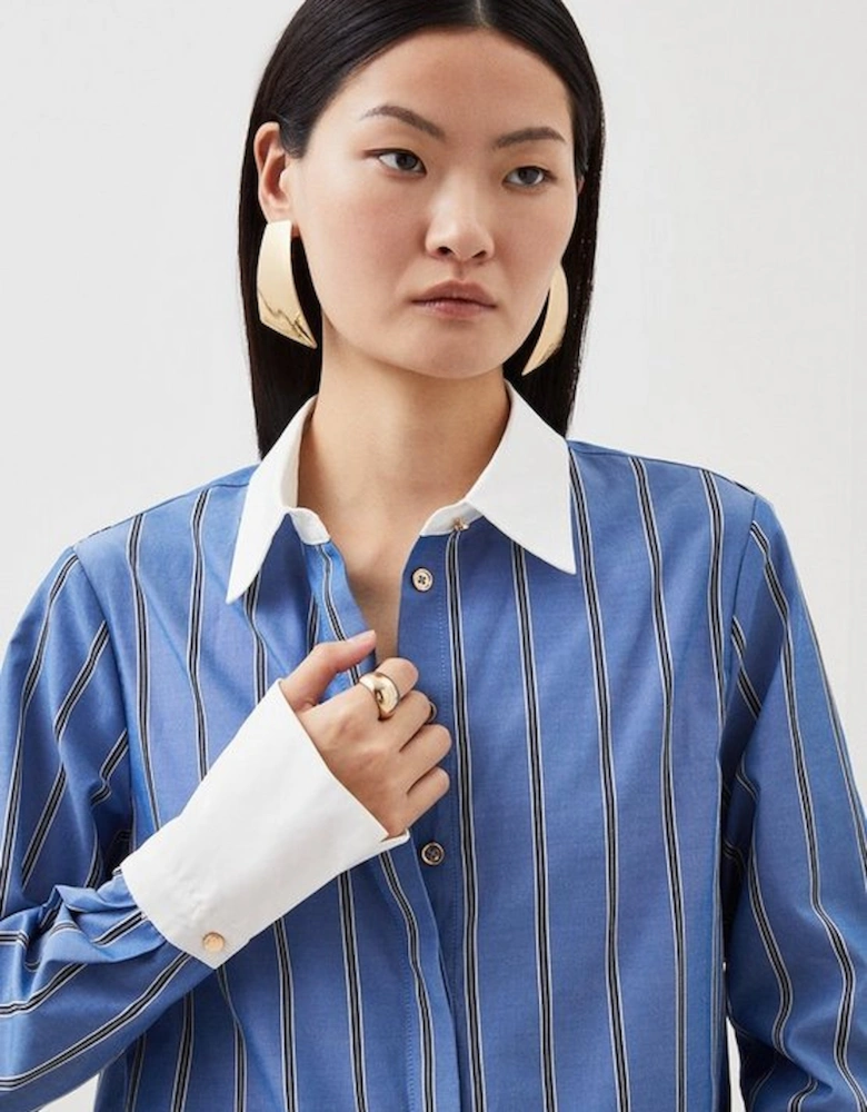 Cotton Stripe Contrast Cuff Woven Shirt