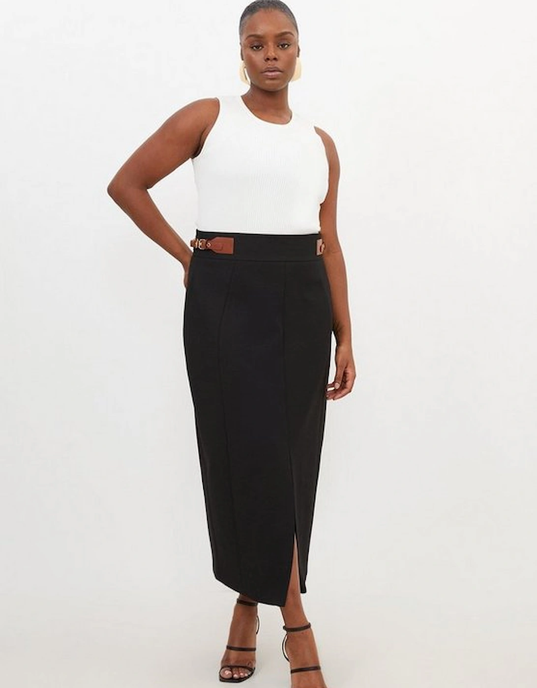 Plus Size Tailored Compact Stretch Tab Detail Midi Skirt, 6 of 5