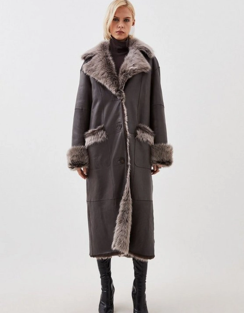 Sheepskin Shearling And Leather Collared Maxi Coat