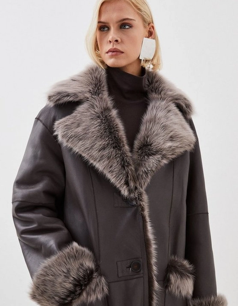 Sheepskin Shearling And Leather Collared Maxi Coat