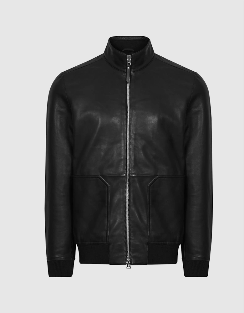 Funnel Neck Leather Jacket