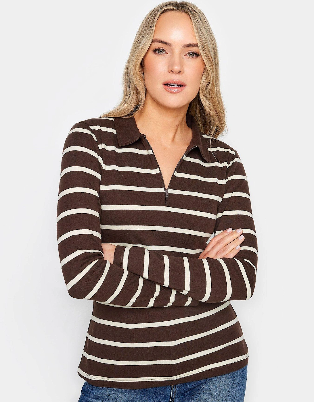 Brown Ivory Stripe Polo Zip Up Top, 2 of 1