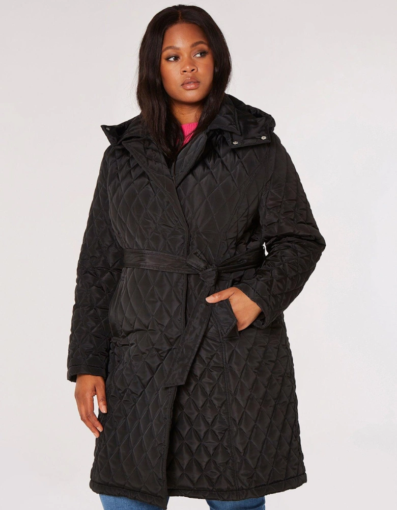 Curve Quilted Tie Waist Hooded Parka