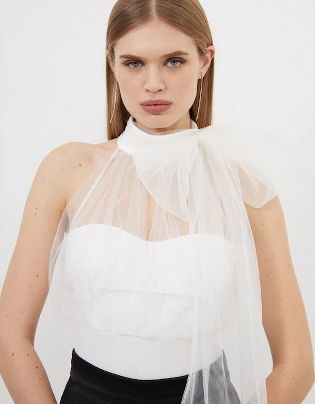 Bow Neck Tulle And Ponte Jersey Bodysuit