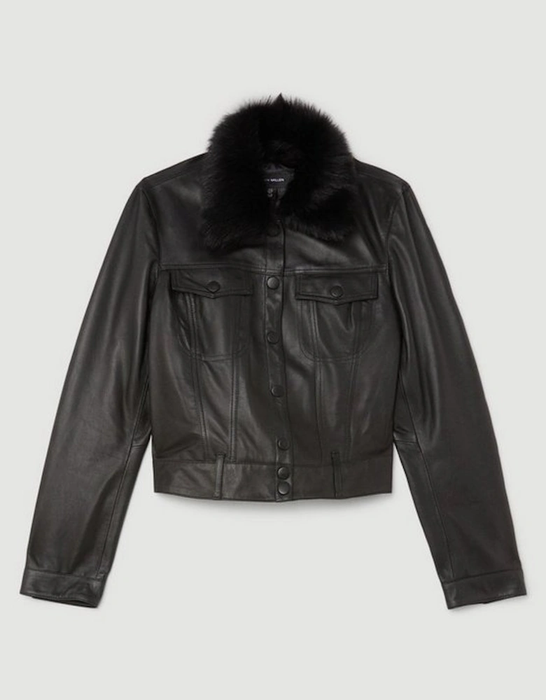Leather Detachable Shearling Collar Trucker Jacket