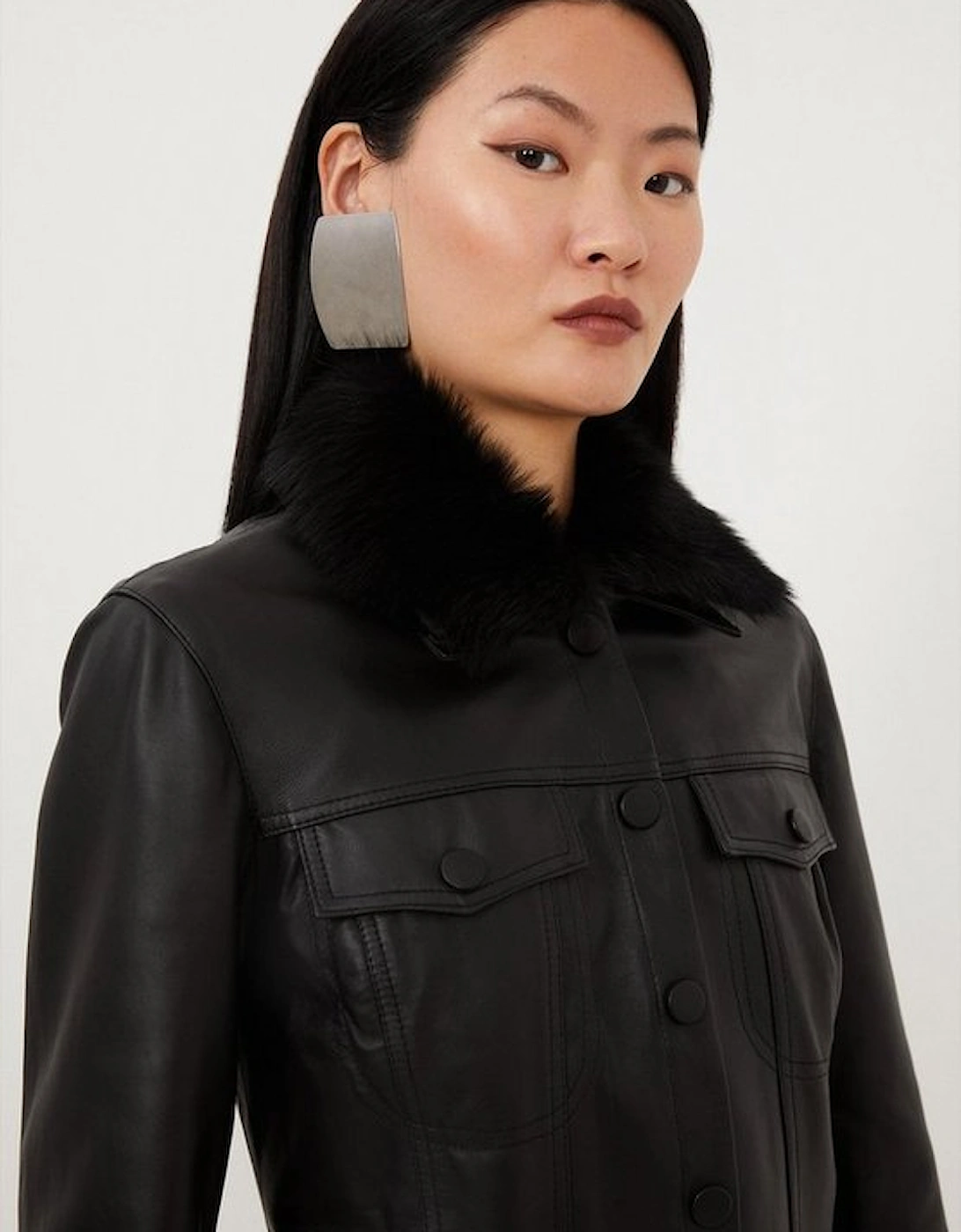 Leather Detachable Shearling Collar Trucker Jacket, 5 of 4