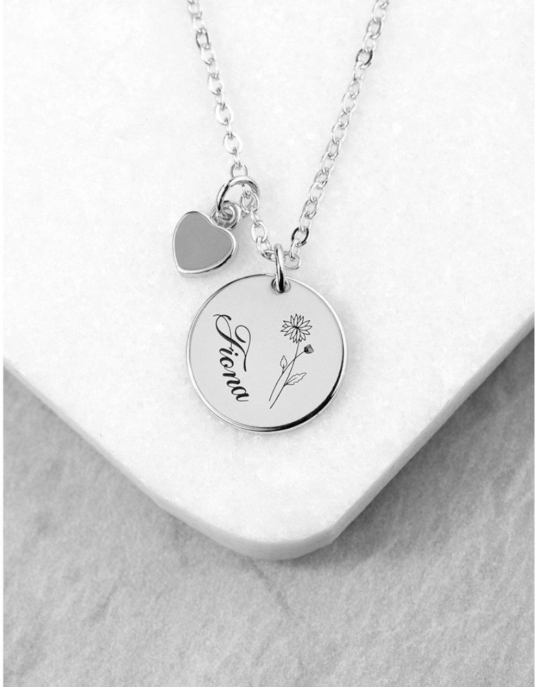 Personalised Birth Flower Heart and Disc Necklace - Silver