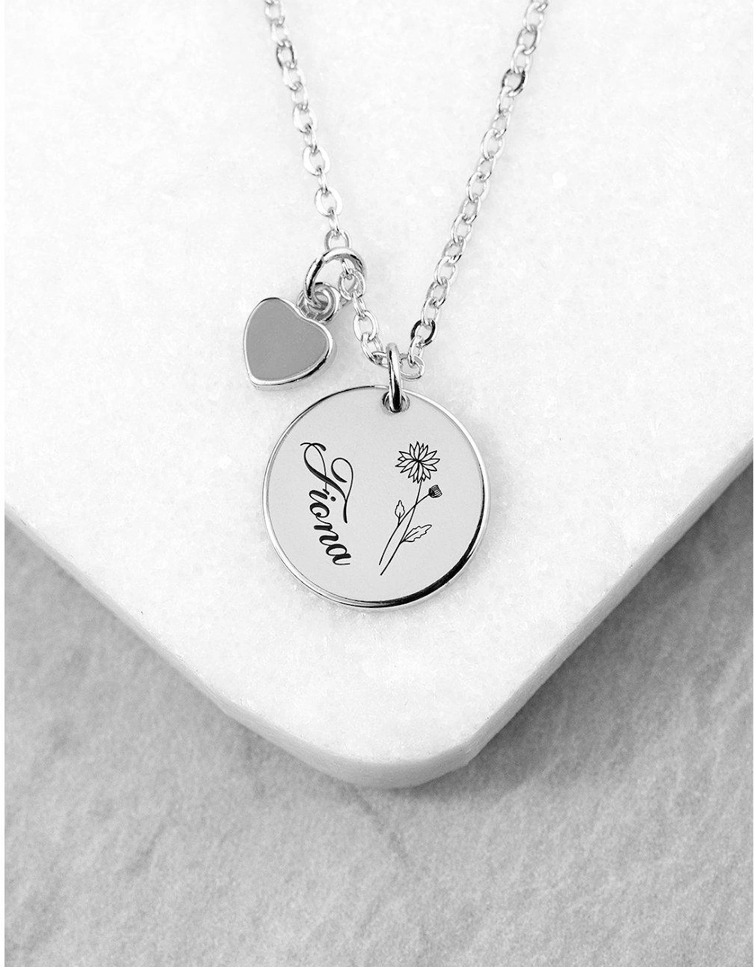 Personalised Birth Flower Heart and Disc Necklace - Silver, 2 of 1