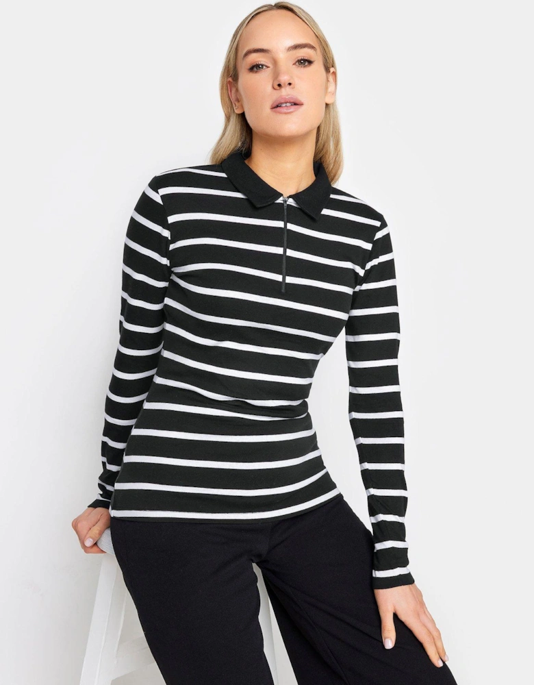 Black White Polo Zip Up Ls Top
