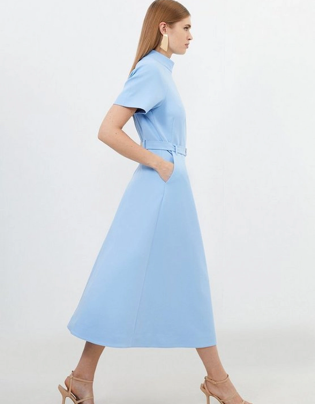 Tailored Belted Full Skirt Midi Dress