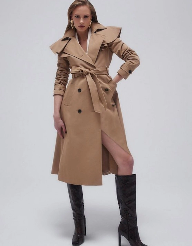 Tailored Draped Storm Flap Detail Belted Trench Coat