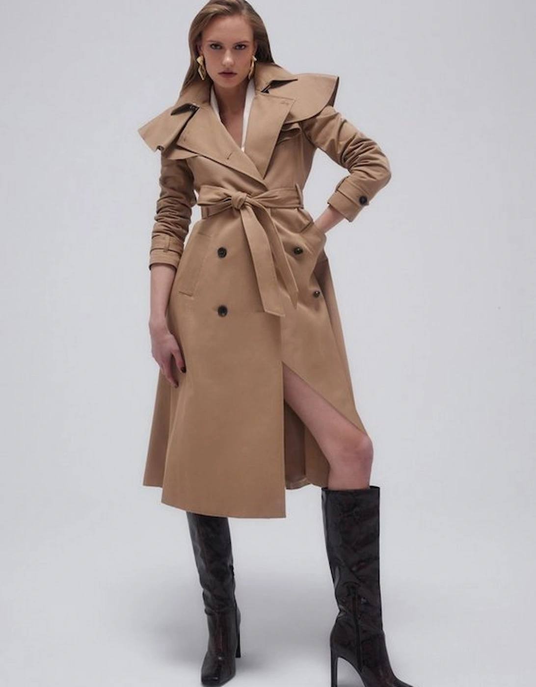 Tailored Draped Storm Flap Detail Belted Trench Coat, 5 of 4