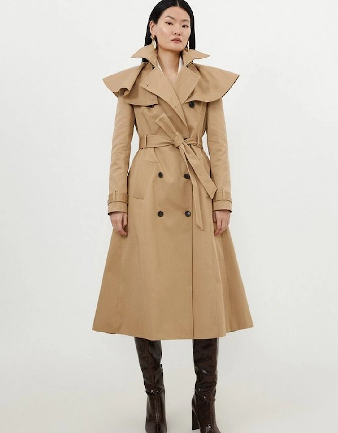Tailored Draped Storm Flap Detail Belted Trench Coat