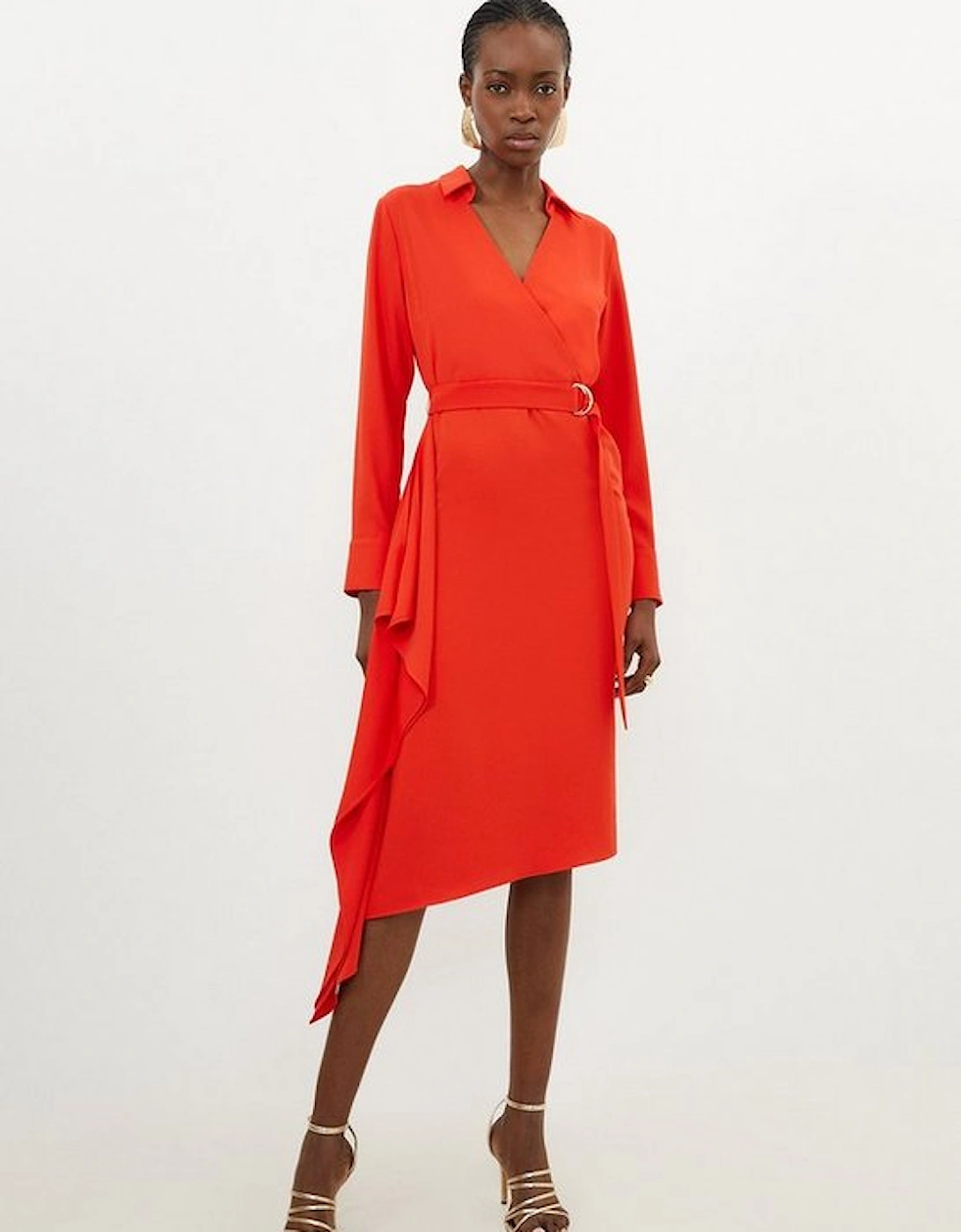 Soft Tailored Belted Draped Wrap Midi Dress