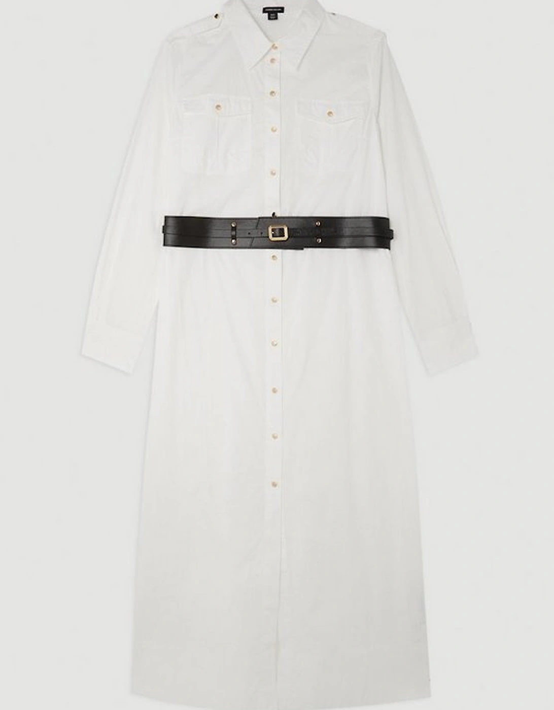 Plus Size Cotton Poplin Pu Belted Midaxi Woven Shirt Dress