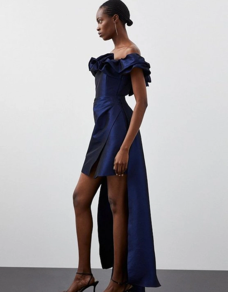 Petite Metallic Off Shoulder High Low Tailored Mini Dress