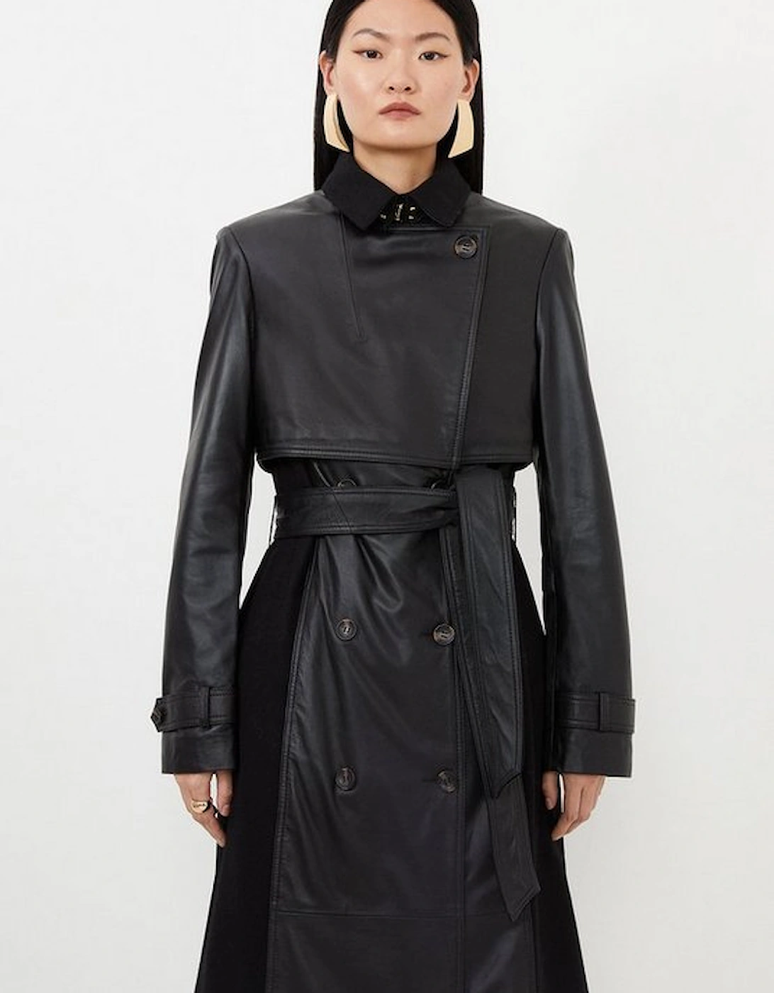 Leather And Wool Mix Belted Trench Coat