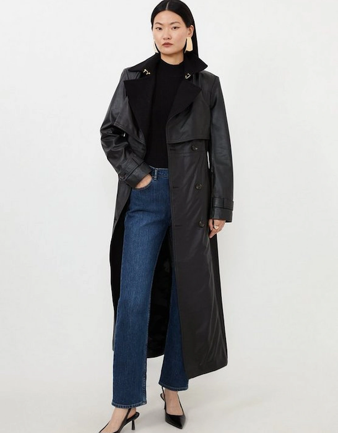 Leather And Wool Mix Belted Trench Coat, 5 of 4