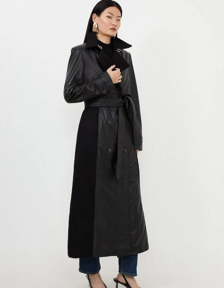 Leather And Wool Mix Belted Trench Coat