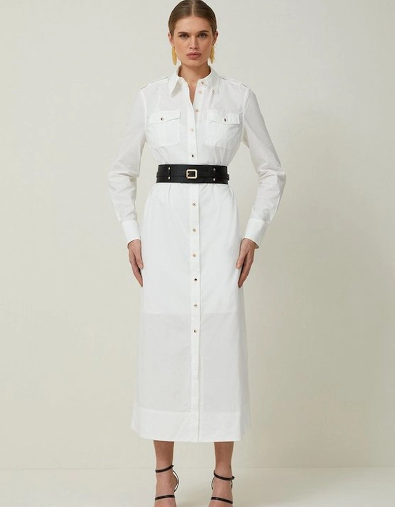 Cotton Poplin Pu Belted Midaxi Woven Shirt Dress