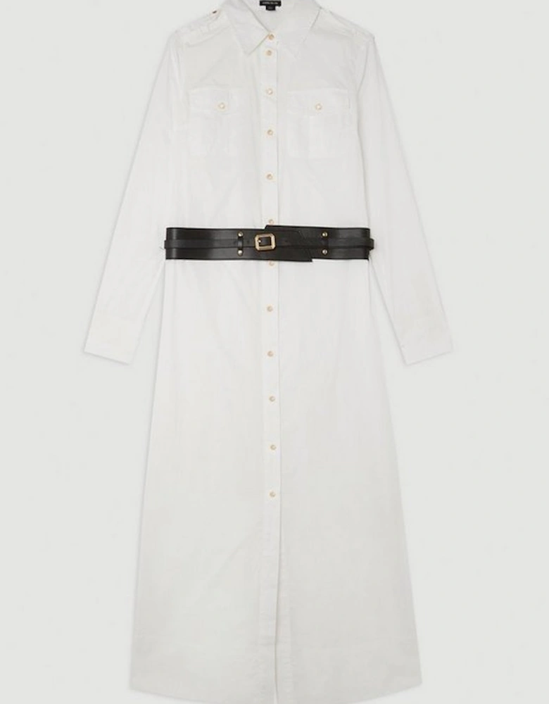 Cotton Poplin Pu Belted Midaxi Woven Shirt Dress