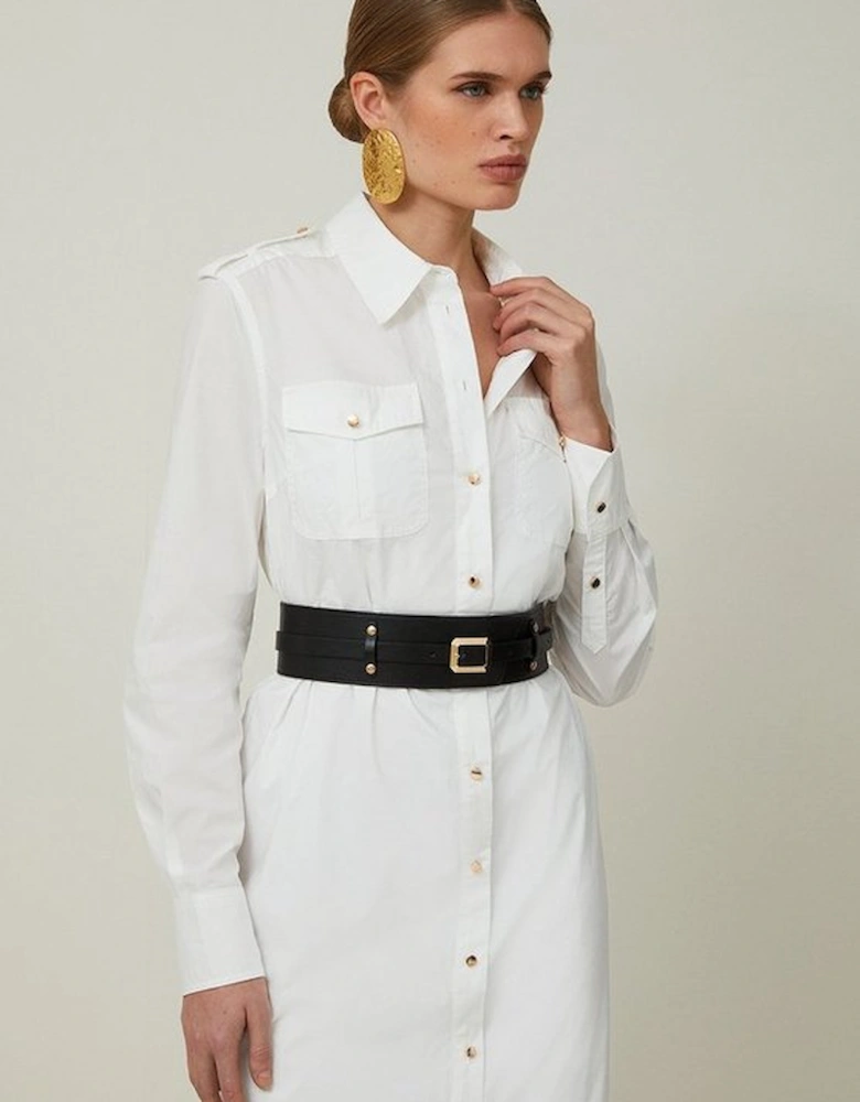 Cotton Poplin Pu Belted Midaxi Woven Shirt Dress