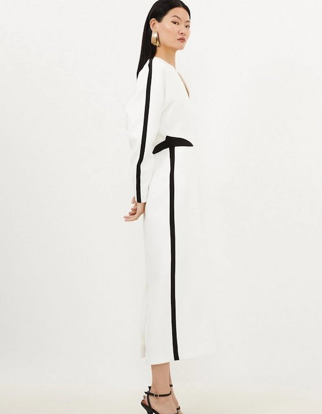 Compact Stretch Contrast Panel Tailored Midi Dress