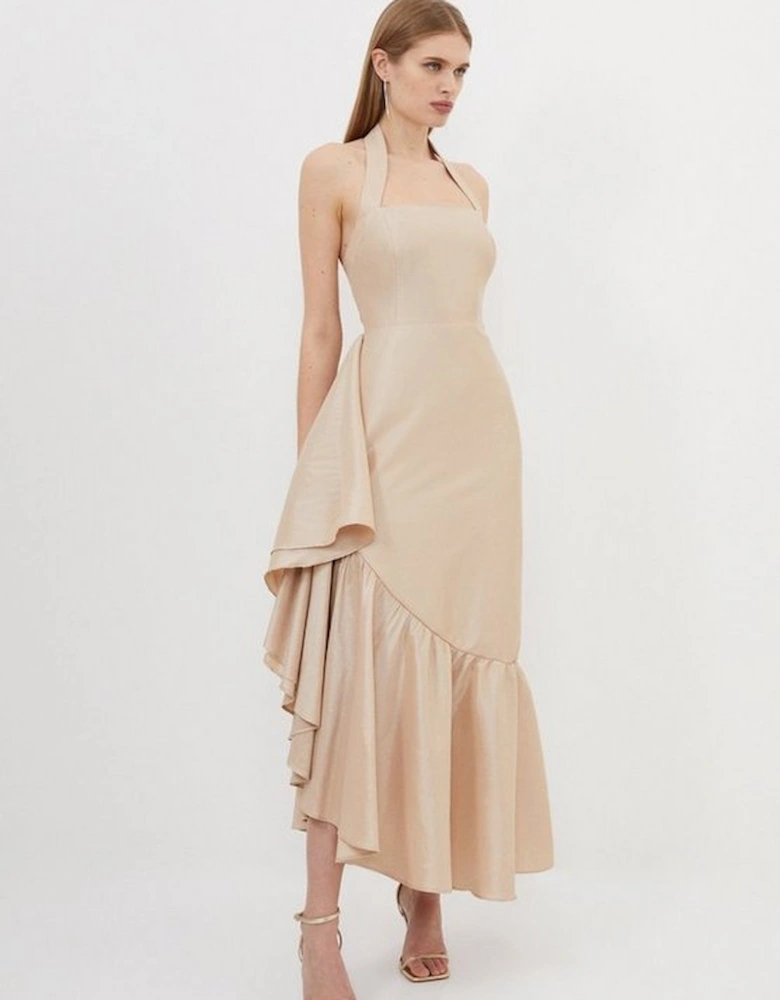 Metallic Taffeta Halterneck Ruffle Hem Midaxi Dress