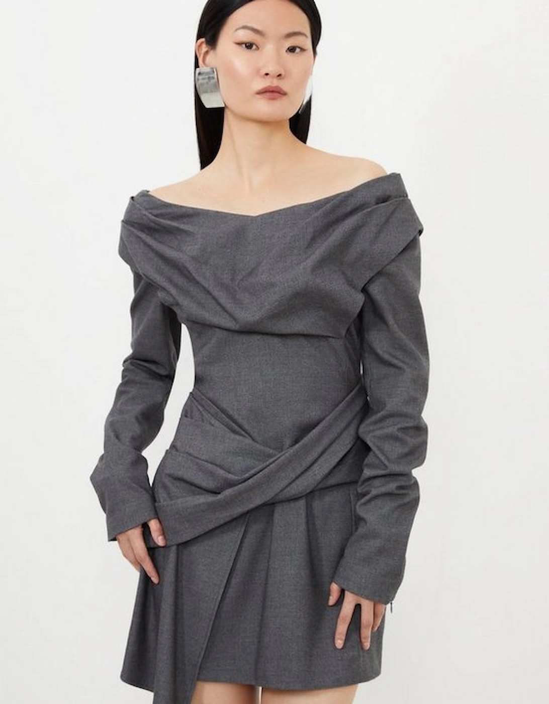 Grey Marl Woven Wool Mix Bardot Mini Dress, 9 of 8