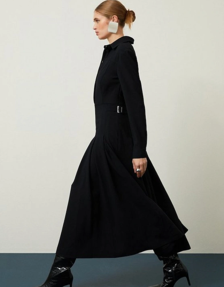 Tailored Crepe Pleated Midi Shirt Dress