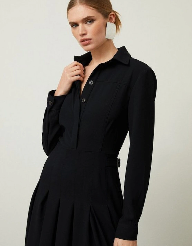 Tailored Crepe Pleated Midi Shirt Dress