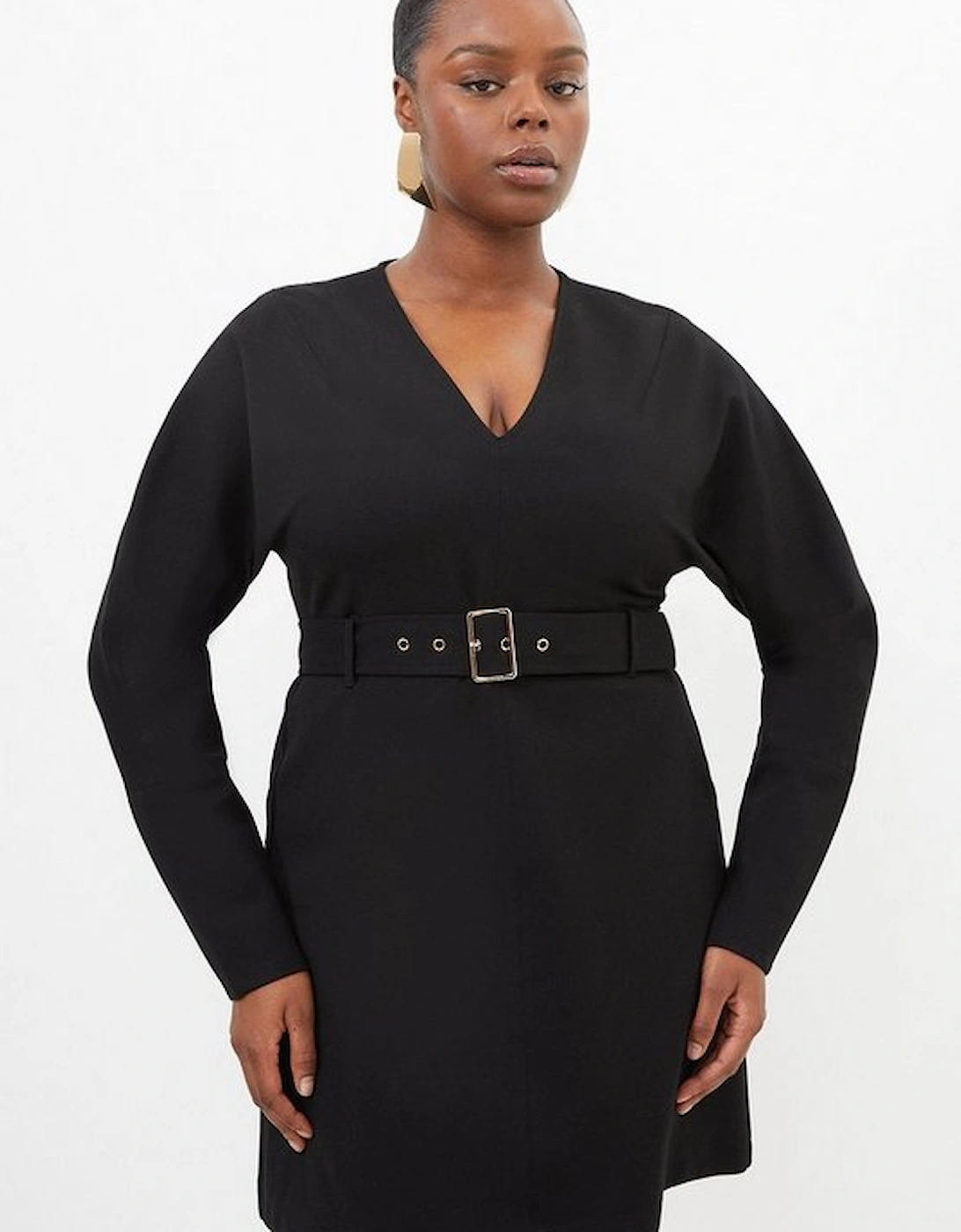 Plus Size V Neck Belted Ponte Jersey Mini Dress, 5 of 4