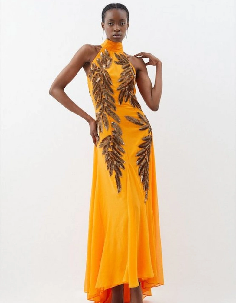 Petite Halter Neck Feather Sequin Detail Woven Maxi Dress