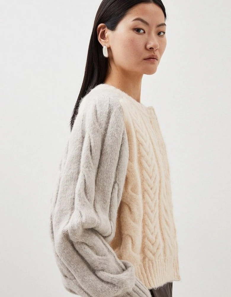 Wool Blend Cable Colour Block Cardigan