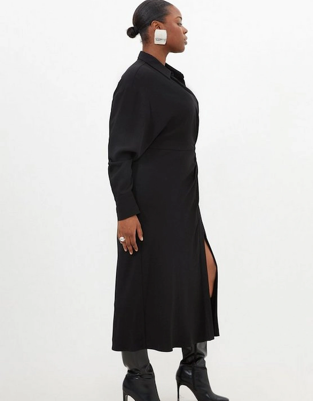 Plus Size Viscose Crepe Long Sleeve Woven Midi Shirt Dress