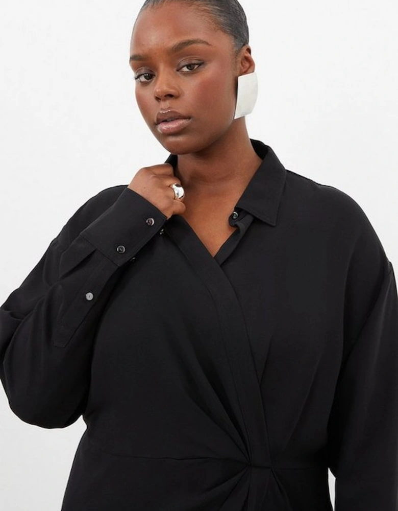 Plus Size Viscose Crepe Long Sleeve Woven Midi Shirt Dress