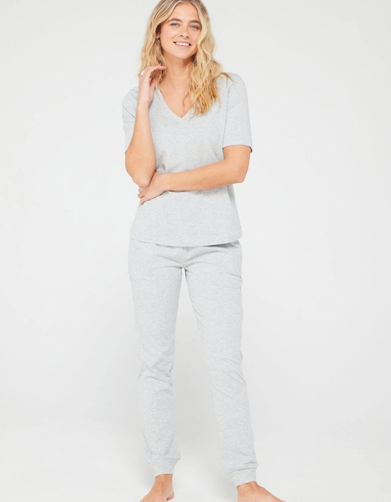 Mid Sleeve V Neck Top And Jogger Pj Set