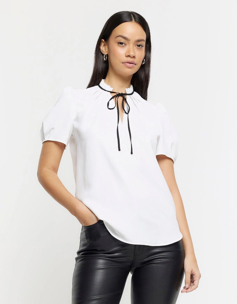 Frill Neck Contrast Blouse - White