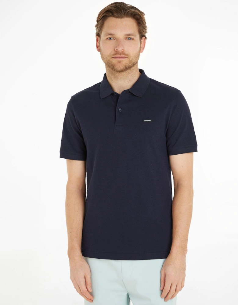 Stretch Pique Slim Button Polo Shirt - Navy