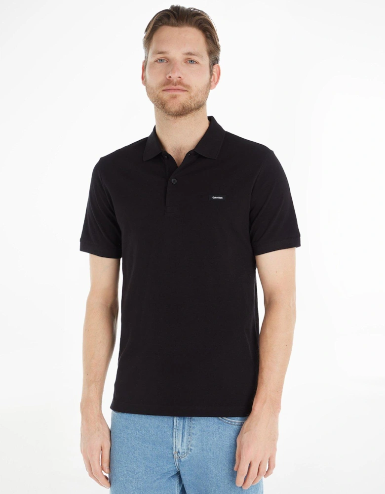 Stretch Pique Slim Button Polo Shirt - Black
